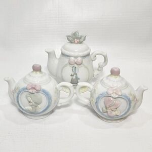 3 pc Vintage Precious Moments Dec Tea Pot & Salt & Pepper Shakers Porcelain 93'